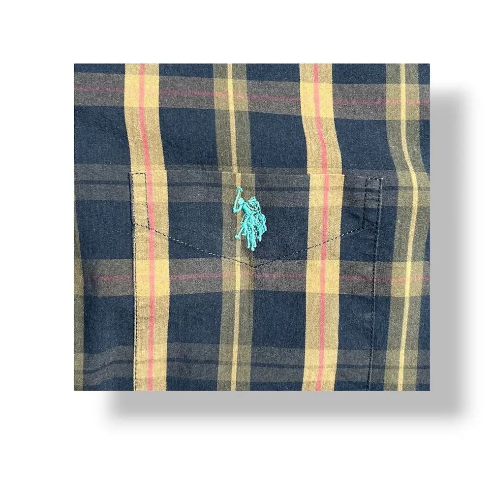 U.S. Polo Assn.‎ Men’s L Navy Yellow Plaid Stretch Button-Up Shirt Casual Preppy